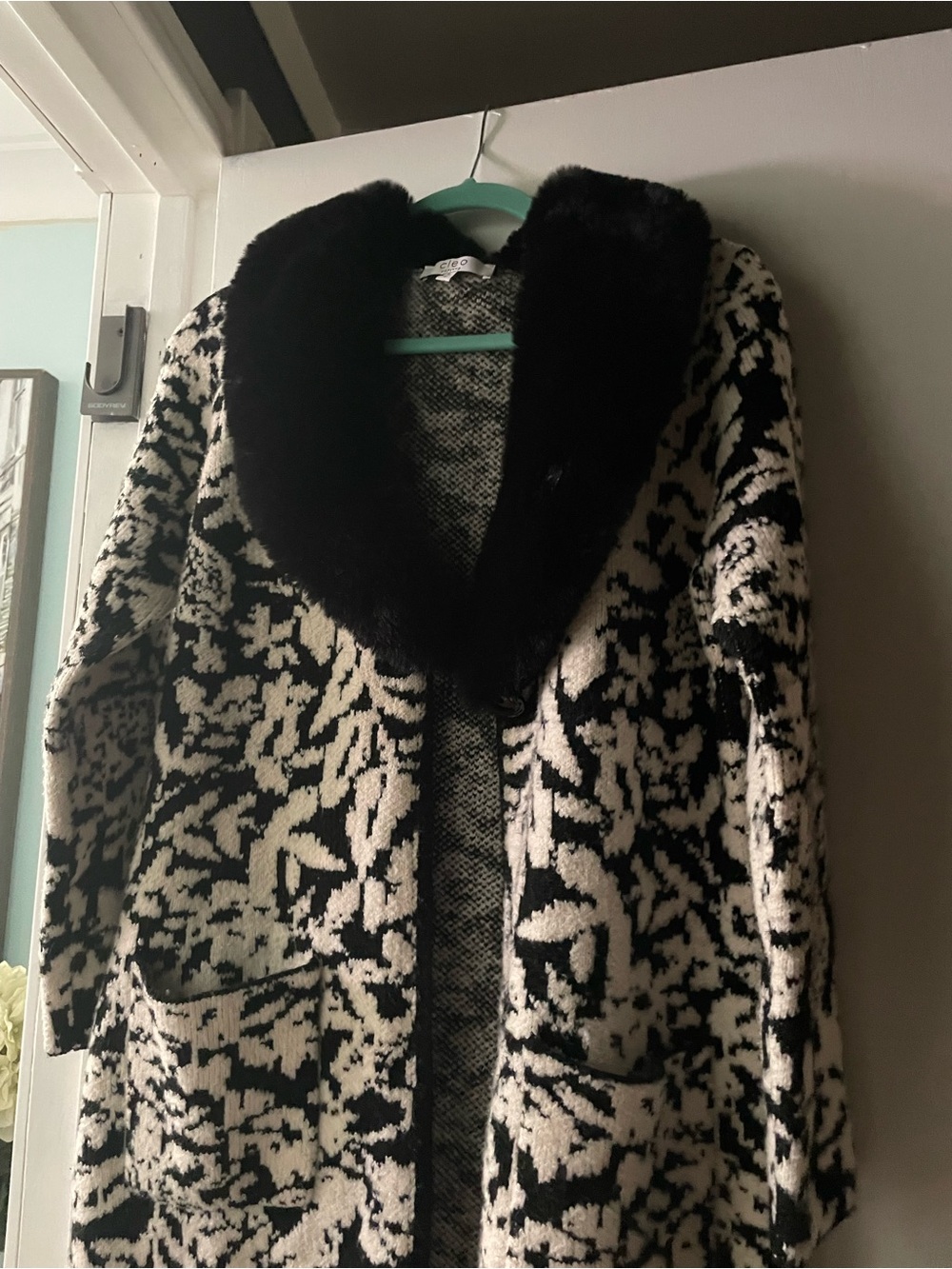 cleo Black & White Patterned Cardigan with Faux Fur Collar